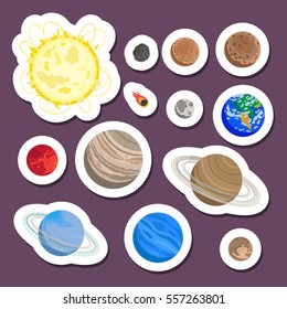 Solar system planet stickers on the dark background. Vector illustration.