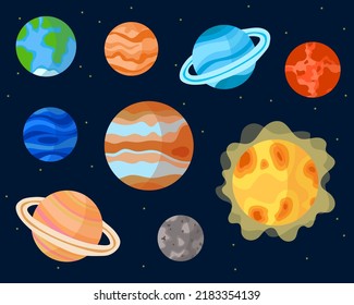 Solar system planet vector illustration set. Cartoon planets vectors. Venus, mars, Earth, moon, sun, jupiter, neptune. Science classroom.