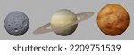 Solar system planets, 3d Saturn, Venus and Moon isolated on transparent background. Celestial bodies, space objects, planets and satellite with detailed surface texture, vector realistic set