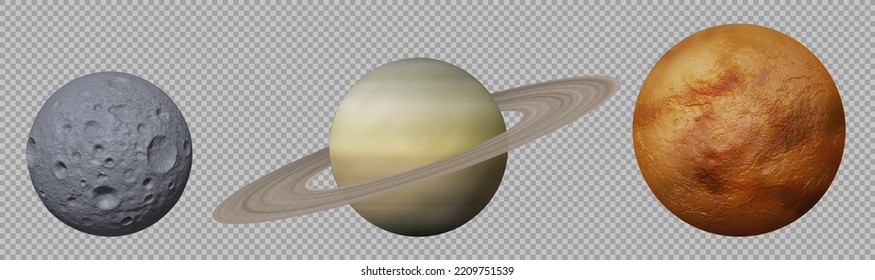 Planetas del sistema solar, 3d Saturno, Venus y Moon aislados en un fondo transparente. Cuerpos celestes, objetos espaciales, planetas y satélites con textura superficial detallada, conjunto de vector realista