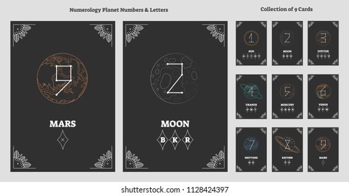 Solar system planets and astrological numbers with letters chart. Esoteric universe numeral science. Ancient system of personality characteristics and future predictions vector illustration.
