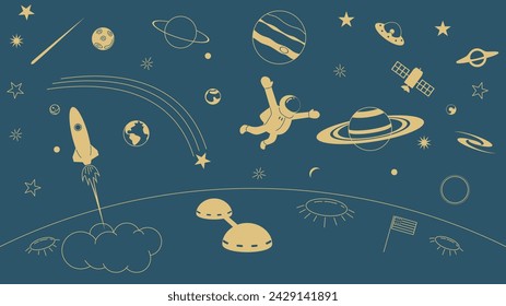 Solar system planets and astronaut in outer space Exploring space, vector
