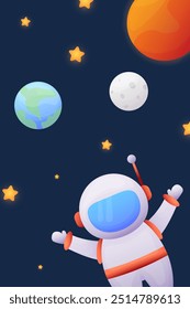 Solar system planets and astronaut in outer space in galaxy, vector illustration. Childrens cute greeting card, birthday invitation