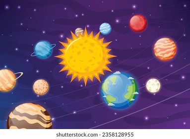 solar system planets cartoon. Earth, mars, pluto, venus, mercury, neptune, uranus, and jupiter planet, isolated on galaxy space background