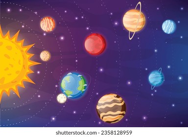 solar system planets cartoon. Earth, mars, pluto, venus, mercury, neptune, uranus, and jupiter planet, isolated on galaxy space background