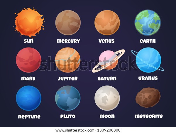 Solar system planets. Cartoon mercury and venus,\
earth and mars, jupiter and saturn, uranus and neptune. Astronomy\
vector set
