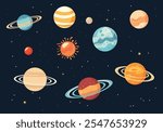Solar system planets in a cartoon style vector on a starry background, perfect for space and science-themed illustrations	