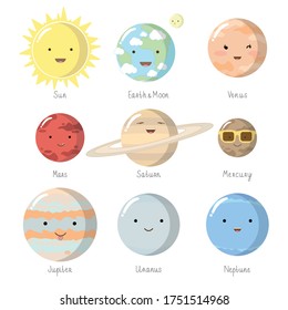 Solar System Planets. Characters Vector Set Icons. Сute flat illustration of smiling Sun, Mercury, Venus, Earth, Moon, Mars, Jupiter, Saturn, Uranus, Neptune on white  background. Picture for kids