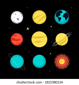 Solar system planets - colorful flat design style objects on black background. Galaxy, cosmic exploration, space and astronomy idea. Mercury, Venus, Jupiter, Saturn, Uranus, the sun, the Earth, Mars