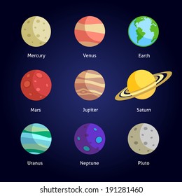 Solar system planets decorative icons set isolated on dark background vector illustration