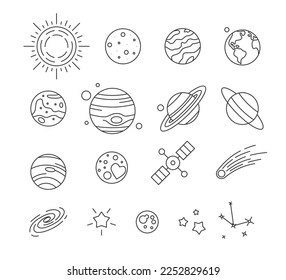 Solar system planets, falling meteor, stars and space satellite set. Universe, celestial bodies, astronomy science concept thin line vector illustration isolated on white