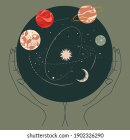 Solar system planets floating on orbits in outer space. Constellations and astronomy. Hands holding celestial body united in bauble or ball. Night sky. Cosmos and universe, vector in flat style