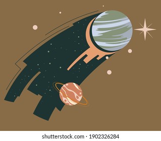 Solar system planets floating in outer space. Stars and celestial bodies, meteors and comets, asteroids and cosmic dust. Fantasy scene and astronomy. Cosmos and universe, vector in flat style