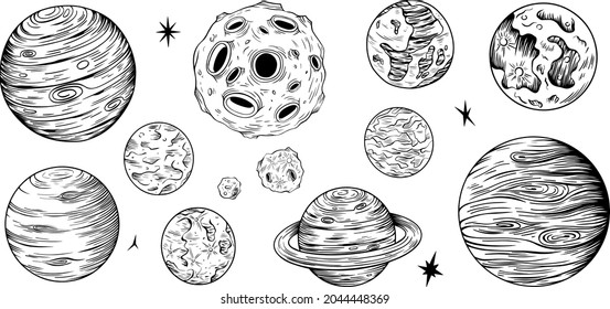 Сollection of solar system planets. Hand drawn isolated illustration. Doodle sketch.