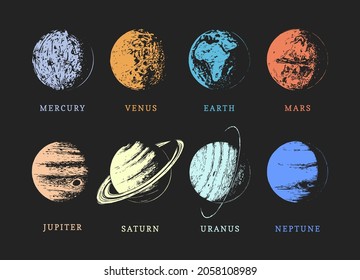 Solar system planets, hand drawn illustrations in vector. Eight planets of the Sun, color sketches set on black background. Astronomy design.