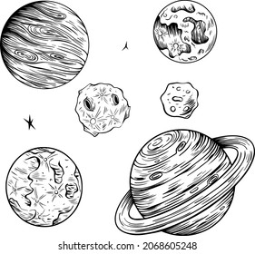 Сollection of solar system planets. Hand drawn isolated illustration. Doodle sketch.