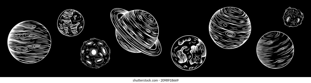 С colección de planetas del sistema solar. Dibujo a mano de ilustración aislada. Esbozo de Doodle.