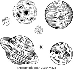 Сollection of solar system planets. Hand drawn isolated illustration. Doodle sketch.