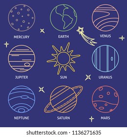 Solar system planets icon color set in line style