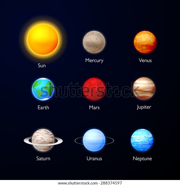 Solar system. Planets icons collection on dark\
sky. Set of planets