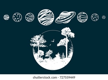 Solar system planets icons. Ecology concept. Life on Earth. Save the world. Can be used as concept illustration / drawing, poster, t-shirt print