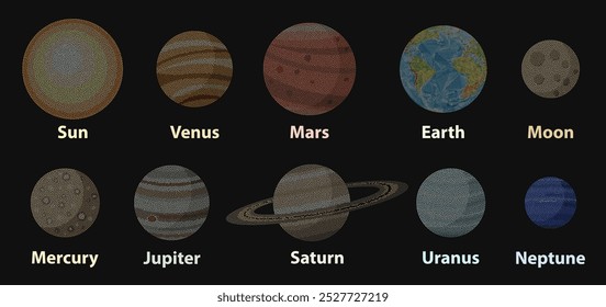 Ícones dos planetas do sistema solar: Mercúrio, Vênus, Terra, Marte, Júpiter, Saturno, Urano, Netuno e também Sol e Lua. Ilustrações feitas com texturas pontilhadas. Conjunto de vetores