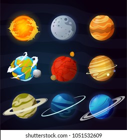 Solar System planets isolated vector. Space planets, asteroid, moon, fantastic cosmic illustration.