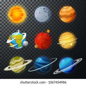 Solar System planets isolated vector. Space planets, asteroid, moon, fantastic cosmic illustration. Education solar planets illustration like mars, sun and earth. 