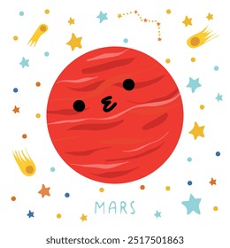 Sistema solar de planetas para niños. Marte con cara de dibujos animados. Ilustración vectorial. Planeta de dibujos animados.