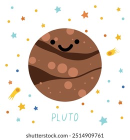 Sonnensystem von Planeten für Kinder. Pluto mit Zeichentrickgesicht. Vektorgrafik. Cartoon-Planet.