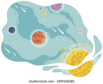 Solar system of planets with large and small celestial bodies flying in space. Colored spheres and meteorits in the blue sky. Flat vector illustration with planets and stars cartoon cosmic scene
