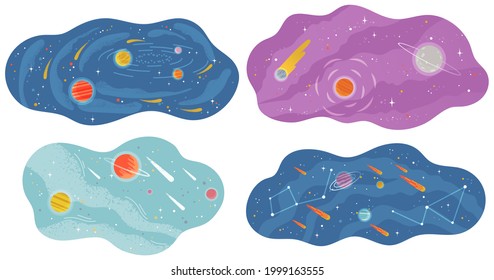 Sistema solar de planetas con cuerpos celestes grandes y pequeños volando en el espacio. Esferas y meteoritos de colores en el cielo azul. Fantástica ilustración vectorial plana con planetas y estrellas cartografía escena cósmica