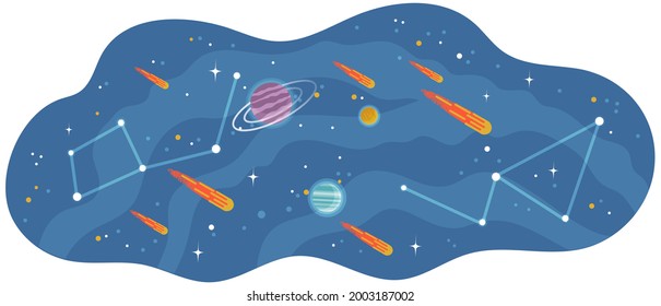 Solar system of planets with large and small celestial bodies flying in space. Colored spheres and meteorits in blue sky. Flat fantastic vector illustration with planets and stars cartoon cosmic scene