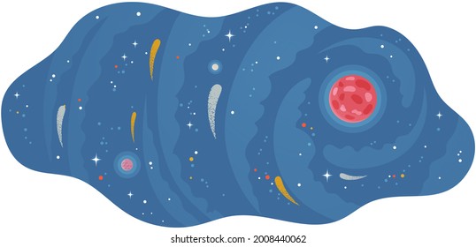 Solar system of planets with large and small celestial bodies flying in space. Colored spheres and meteorits in blue sky. Flat fantastic vector illustration with planets and stars cartoon cosmic scene