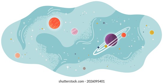 Solar system of planets with large and small celestial bodies flying in space. Colored spheres and meteorits in blue sky. Flat fantastic vector illustration with planets and stars cartoon cosmic scene