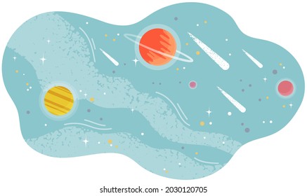 Solar system of planets with large and small celestial bodies flying in space. Colored spheres and meteorits in blue sky. Flat fantastic vector illustration with planets and stars cartoon cosmic scene