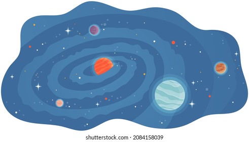 Solar system of planets with large and small celestial bodies flying in space. Colored spheres and meteorits in blue sky. Flat fantastic vector illustration with planets and stars cartoon cosmic scene