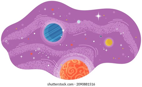 Solar system of planets with large and small celestial bodies flying in space. Colored spheres and meteorits in blue sky. Flat fantastic vector illustration with planets and stars cartoon cosmic scene