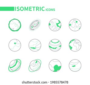 Solar system planets - line isometric icons set on white background. Galaxy, cosmic exploration, space and astronomy idea. The sun, galaxy, mercury, moon, Venus, Earth, Mars, Jupiter, Saturn, Uranus