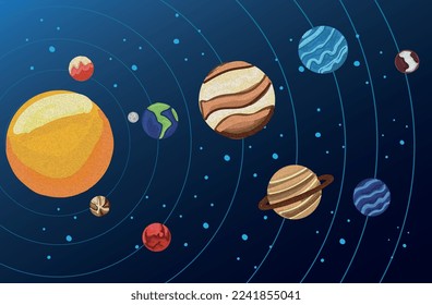 Solar system planets. Mercury, Venus, Earth, Mars, Jupiter, Saturn, Uranus and Neptune. Moon, Astronaut and spacecraft drawing. hand drawn vector