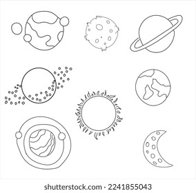 Solar system planets. Mercury, Venus, Earth, Mars, Jupiter, Saturn, Uranus and Neptune. Moon, Astronaut and spacecraft drawing. hand drawn vector