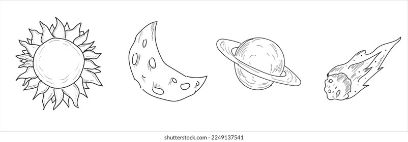 Planeten für Sonnensysteme. Merkur, Venus, Erde, Mars, Jupiter, Saturn, Uranus und Neptun. Mond, Astronaut und Raumfahrzeuge zeichnen. handgezeichneter Vektor