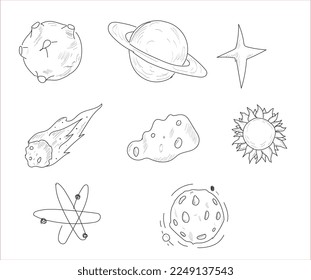 Planeten für Sonnensysteme. Merkur, Venus, Erde, Mars, Jupiter, Saturn, Uranus und Neptun. Mond, Astronaut und Raumfahrzeuge zeichnen. handgezeichneter Vektor