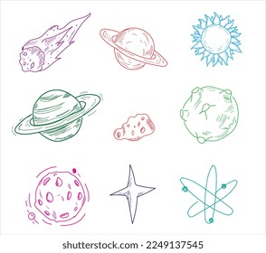 Solar system planets. Mercury, Venus, Earth, Mars, Jupiter, Saturn, Uranus and Neptune. Moon, Astronaut and spacecraft drawing. hand drawn vector
