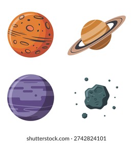 Solar system planets and meteor icon pack featuring ringed world, cratered sphere, purple gas planet, debris particles for education