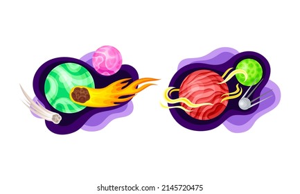 Solar System planets, meteorite and satellite. Fantastic cosmic vector illustration