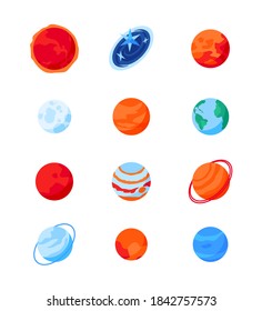 Solar system planets - modern isometric icons set on white background. Galaxy, cosmic exploration, space and astronomy idea. The sun, galaxy, mercury, moon, Venus, Earth, Mars, Jupiter, Saturn, Uranus