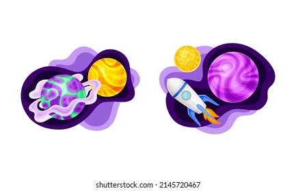 Solar System planets, moon abd space rocket. Fantastic cosmic vector illustration