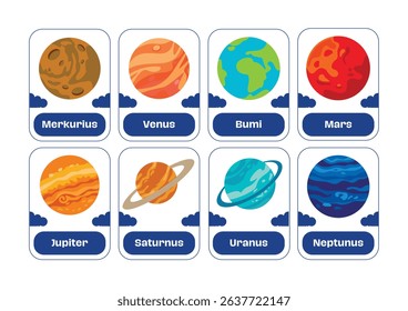 Solar system planets with names for children. Space spheres planets art Earth Venus Mercury Neptune Mars Jupiter Sun vector astronomy illustration