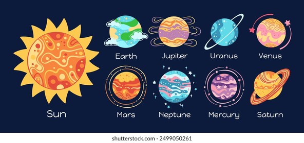 Solar system planets with names drawn set for children. Astronomical galaxy planets cartoon cosmos. Space spheres planets art Earth Venus Mercury Neptune Mars Jupiter Sun vector astronomy illustration